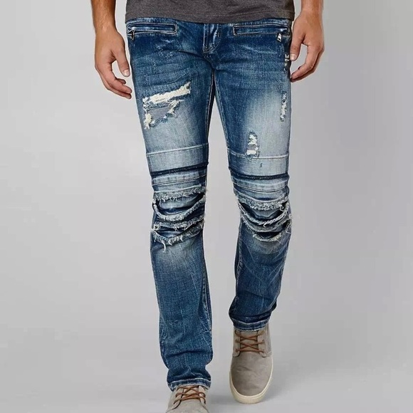 DOPE 34x32 Weir Moto Stretch Jeans Mens Distressed Patched Button Fly D2018P201 - Picture 1 of 12